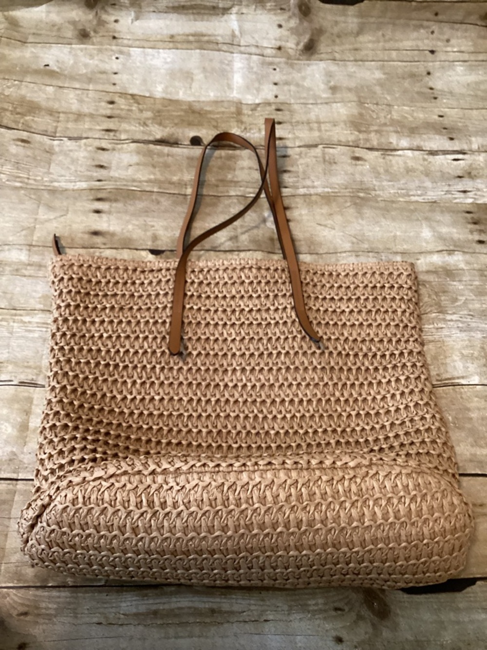 Woven Straw Tote Bag with Leather Straps and Hat